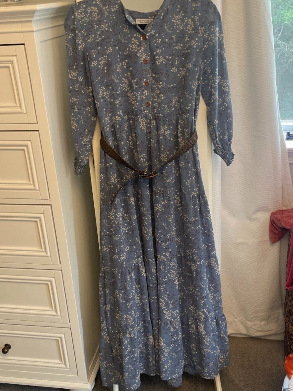 Paper Crane Blue Floral Dress Belted 3/4 Sleeves Button Front Women's Size M